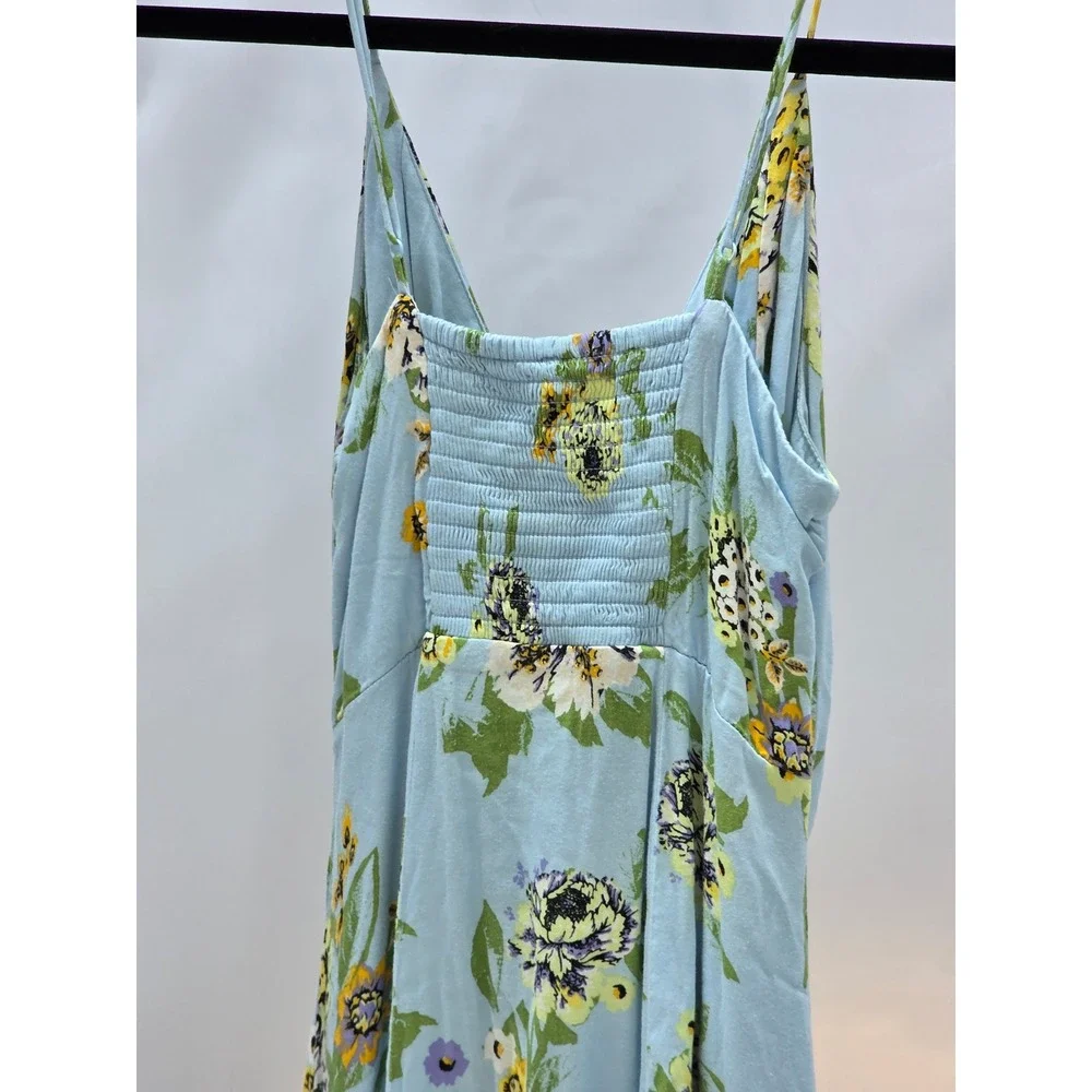 Free People Women Blue Floral Drawstring Smocked Back Mini Dress XS OB1125219